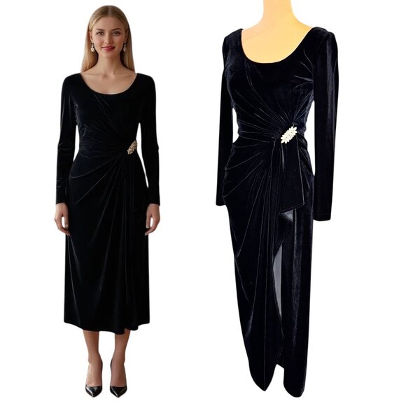 Vintage 90s Gothic Black Velvet Midi Dress Sz 6 Ruching Brooch Event Formal - Picture 13 of 13